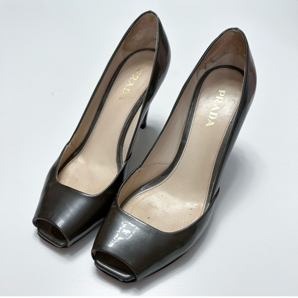 Prada Green Patent Leather Open Peep Toe Pumps High Heel Shoes Size EU 39